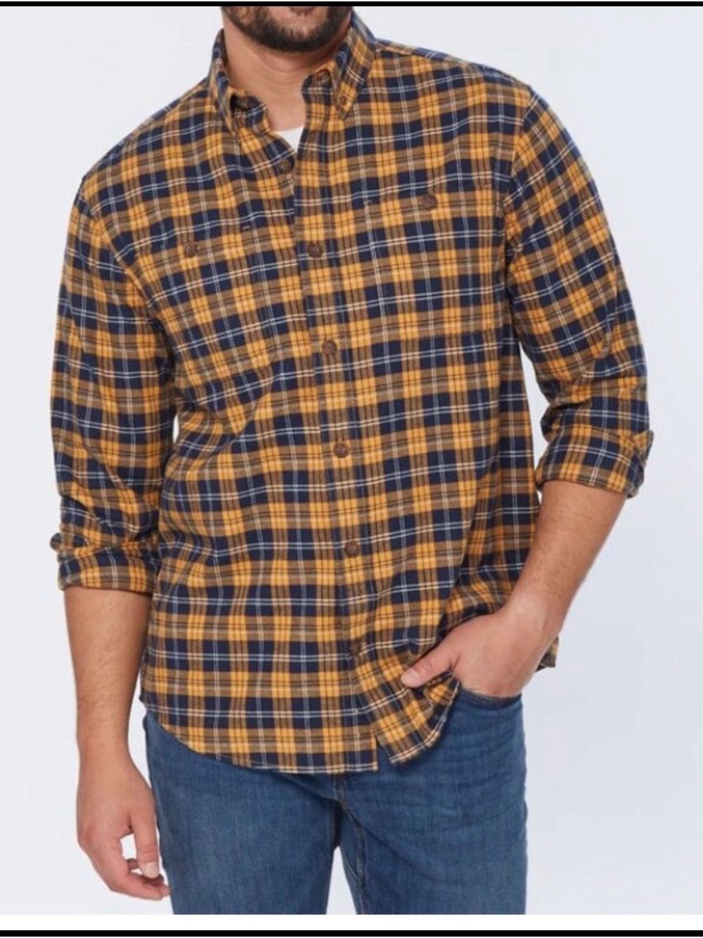 Duluth Men's Yellow and Navy Plaid Button-Down Shirt